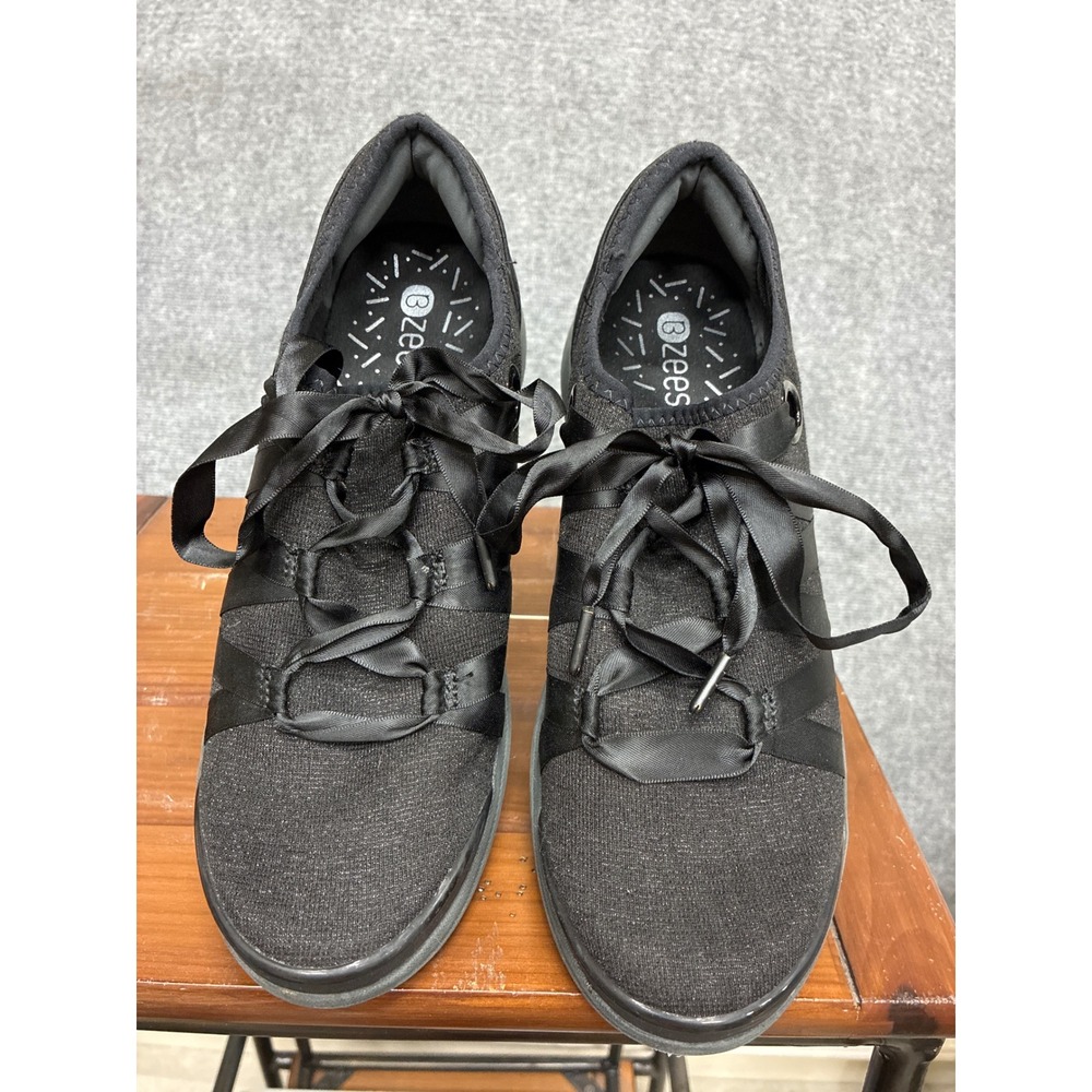 Bzees Inspire Black Fabric Ribbon Lace Slip On Comfort Sneakers Womens 7.5M